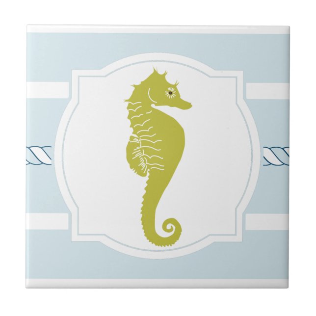 Green seahorse ocean nautical stripes ceramic tile (Front)
