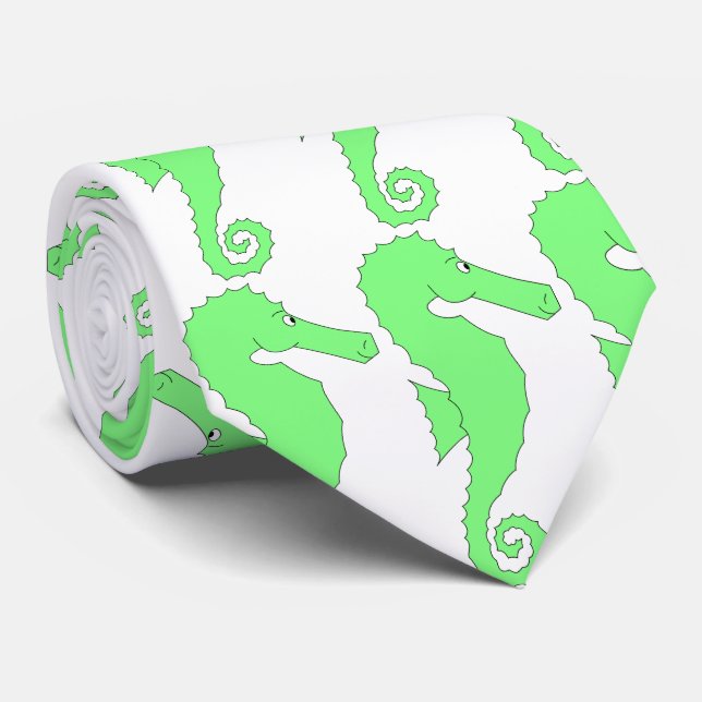 Green Seahorse Pattern Neck Tie (Rolled)