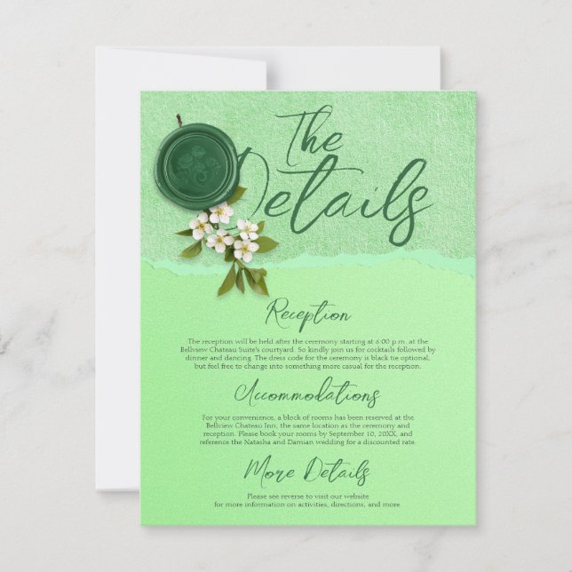 Green Seal Wedding Details Card (Front)