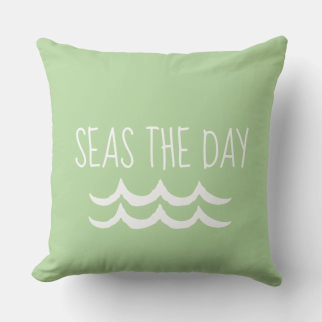 Green Seas the Day Waves Nautical Throw Pillow (Front)