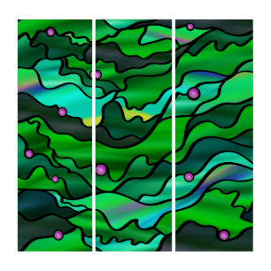 Green Seascape Stained Glass Abstract Triptych