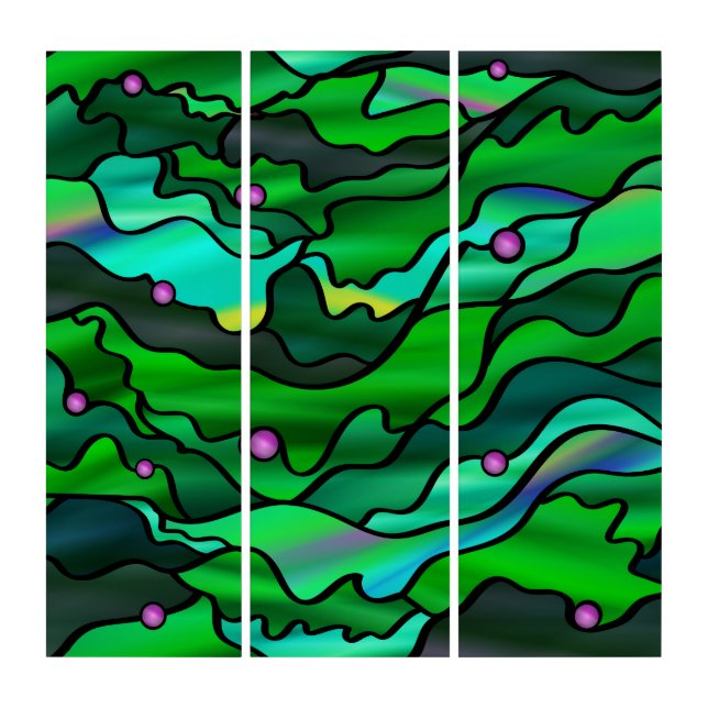 Green Seascape Stained Glass Abstract Triptych (Front)