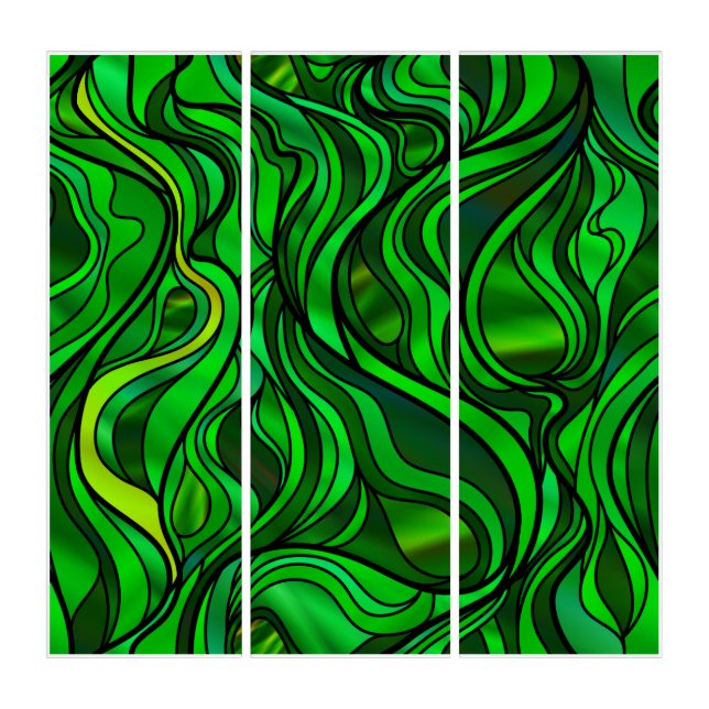 Green Seascape Stained Glass Abstract Triptych (Front)