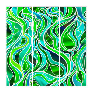 Green Seascape Stained Glass Abstract Triptych