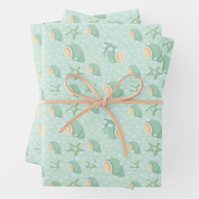 Green Seashells and Bubbles Wrapping Paper Sheets (In situ)