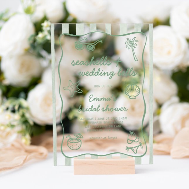Green Seashells and Wedding Bells Bridal Shower Acrylic Invitations (Creator Uploaded)