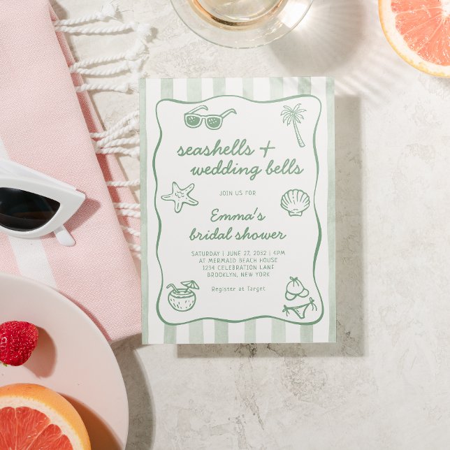 Green Seashells and Wedding Bells Bridal Shower Invitation (Creator Uploaded)