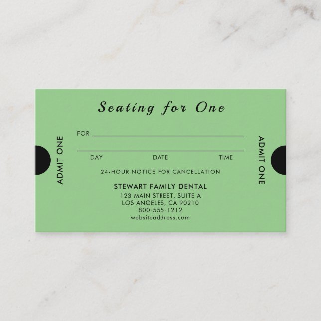 Green Seating for One Dental Appointment Card (Front)
