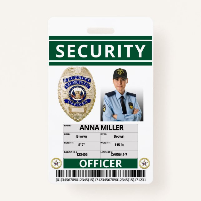 Green Security Officer Custom Print Guard Employee Badge (Front)