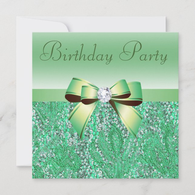 Green Sequins, Bow & Diamond Birthday Party Invitation (Front)