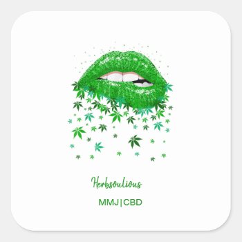 Green Sexy Mmj Lips Square Sticker by businesscardsforyou at Zazzle
