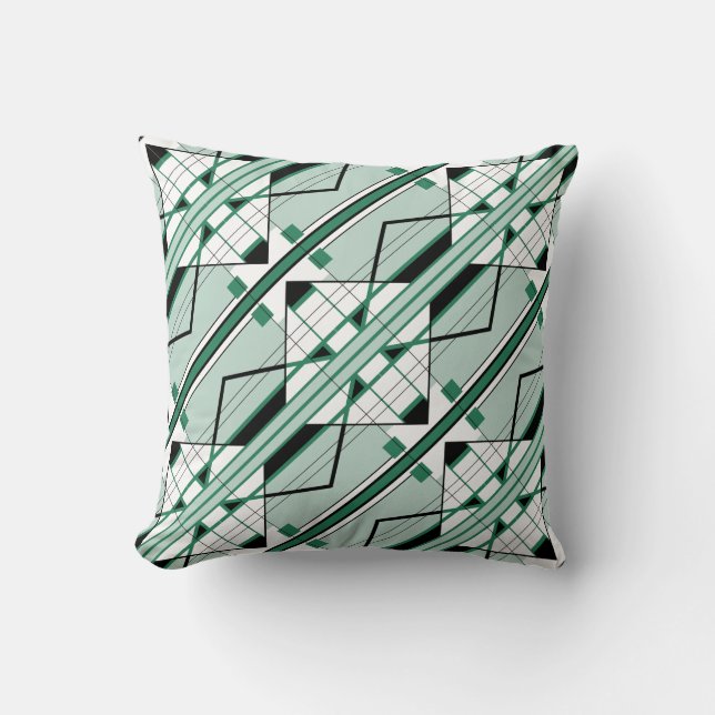 Green Shades Black White Diagonal Large Tile Motif Throw Pillow (Front)