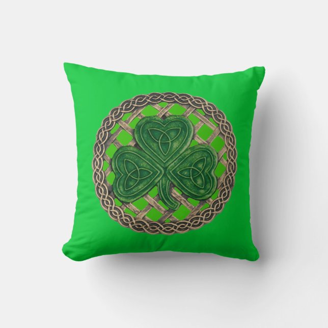 Green Shamrock And Celtic Knots Reversible Pillow (Front)