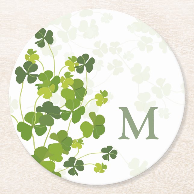 Green Shamrock bouquet monogram Round Paper Coaster (Front)