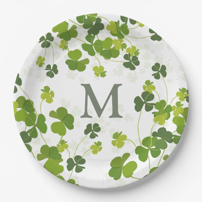 Green Shamrock bouquet monogram  St. Patrick's     Paper Plates (Front)