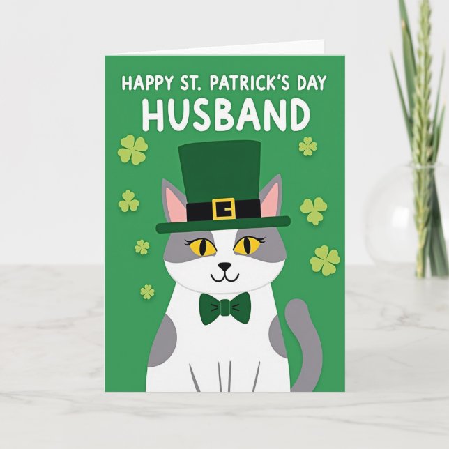 Green Shamrock Cat Holiday Card (Front)