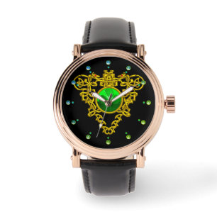 GREEN SHAMROCK,CELTIC KNOT HEART GOLD BLACK WATCH