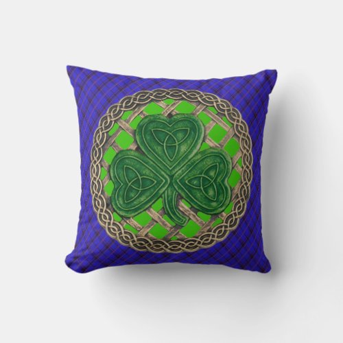 Green Shamrock Celtic Knots On Blue Plaid Throw Pillow