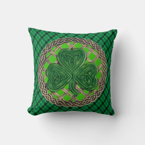 Green Shamrock Celtic Knots On Green Plaid Throw Pillow