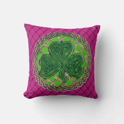 Green Shamrock Celtic Knots On Pink Plaid Throw Pillow