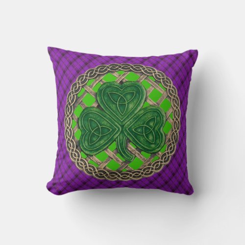 Green Shamrock Celtic Knots On Purple Plaid Throw Pillow