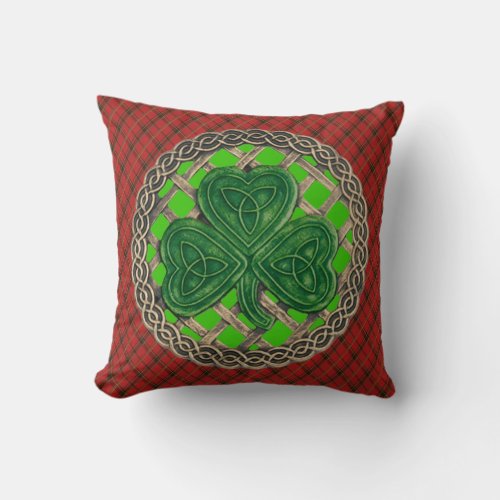 Green Shamrock Celtic Knots On Red Plaid Throw Pillow