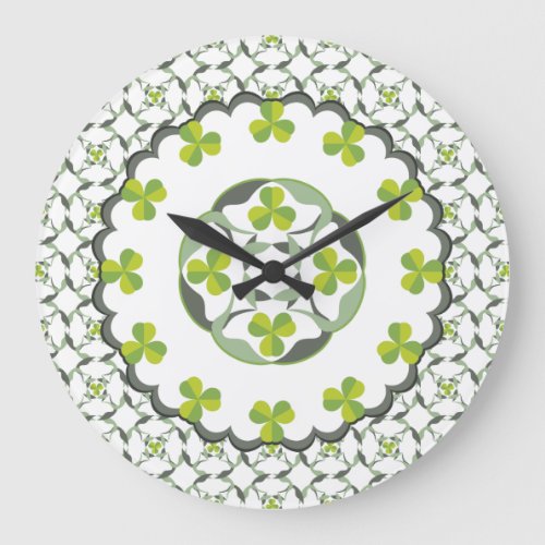 Green Shamrock Clover Celtic Pattern Large Clock