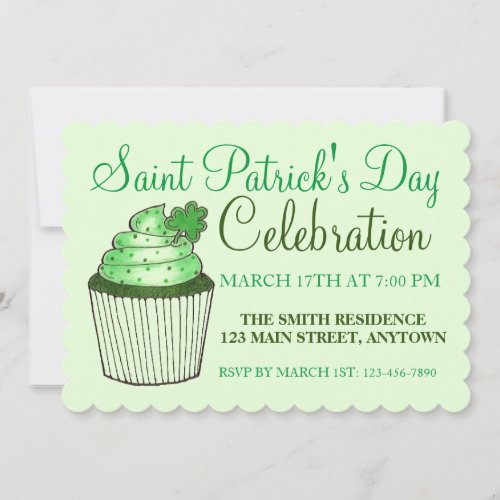 Green Shamrock Clover Cupcake St Patricks Day Invitation