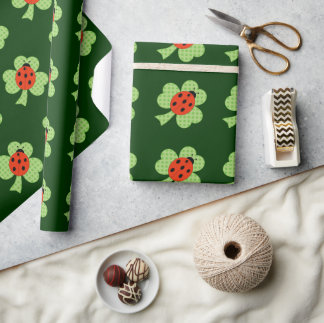 Green Shamrock Clover Ladybug Polka dots pattern Wrapping Paper