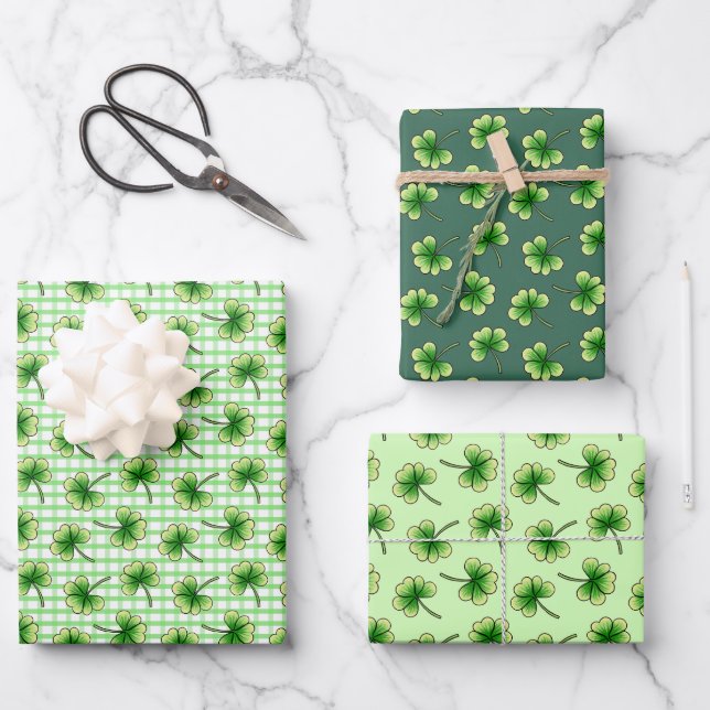 Green Shamrock Clover Leaf St. Patricks Day Wrapping Paper Sheets (Front)