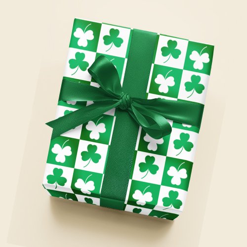 Green Shamrock Clover on Checkerboard Irish Party Wrapping Paper