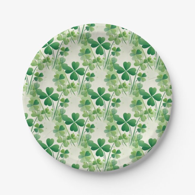 Green Shamrock Clover Pattern St Patrick's Day Paper Plates (Front)