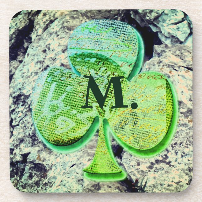 Green shamrock clover with your monogram beverage coaster (Front)