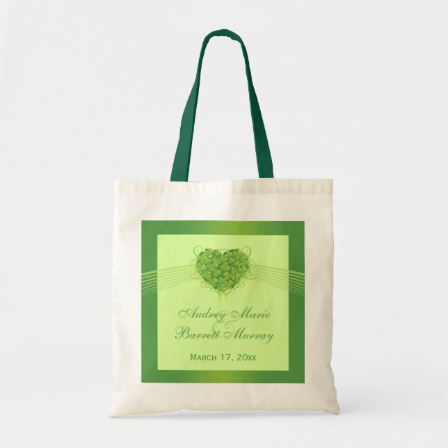Green shamrock clovers heart wedding favor bag (Front)