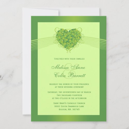 Green shamrock clovers heart wedding invitation
