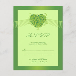 Green shamrock clovers heart wedding RSVP card