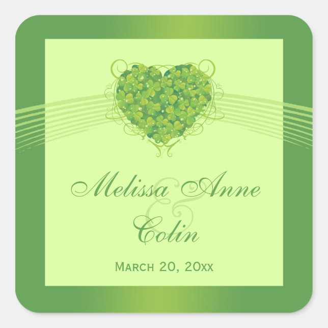 Green shamrock clovers heart wedding stickers (Front)