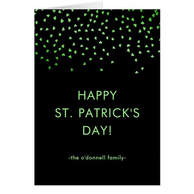 Green Shamrock Confetti on Black St Patrick's Day Cards (Front)