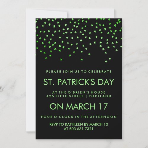 Green Shamrock Confetti on Black St Patricks Day Invitation