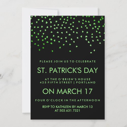 Green Shamrock Confetti on Black St Patrick's Day 5x7 Paper Invitation Card