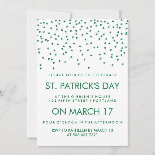 Green Shamrock Confetti on White St Patricks Day Invitation