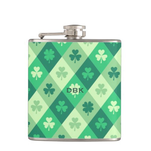 Green Shamrock Custom Monogram St Patricks Day Flask