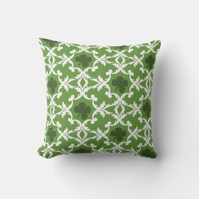 Green Shamrock Damask Throw Pillow (Front)