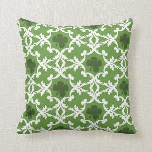 Green Shamrock Damask Throw Pillow