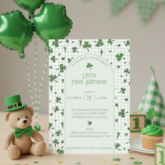 Green Shamrock First Birthday Photo Invitation (Cute Shamrock 1st Birthday Invitation for Irish Kids Birthday Party. Lucky Green Clovers & Hearts)