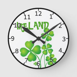 Green Shamrock From Ireland Round Clock