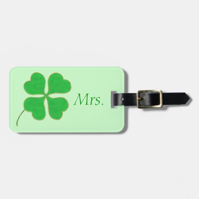 Green Shamrock Gold Dots Mrs. Luggage Tag (Front Horizontal)