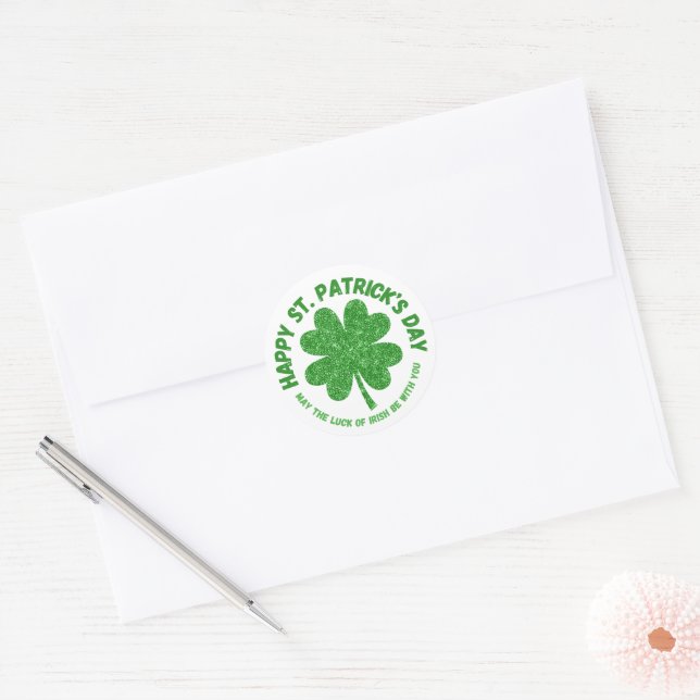 Green Shamrock Happy St. Patrick's Day Classic Round Sticker (Envelope)