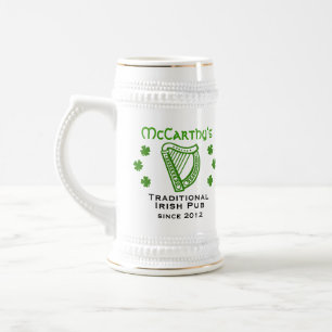 Green shamrock harp custom family name Irish pub Beer Stein