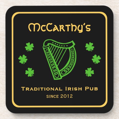 Green shamrock harp custom family name Irish pub Beverage Coaster